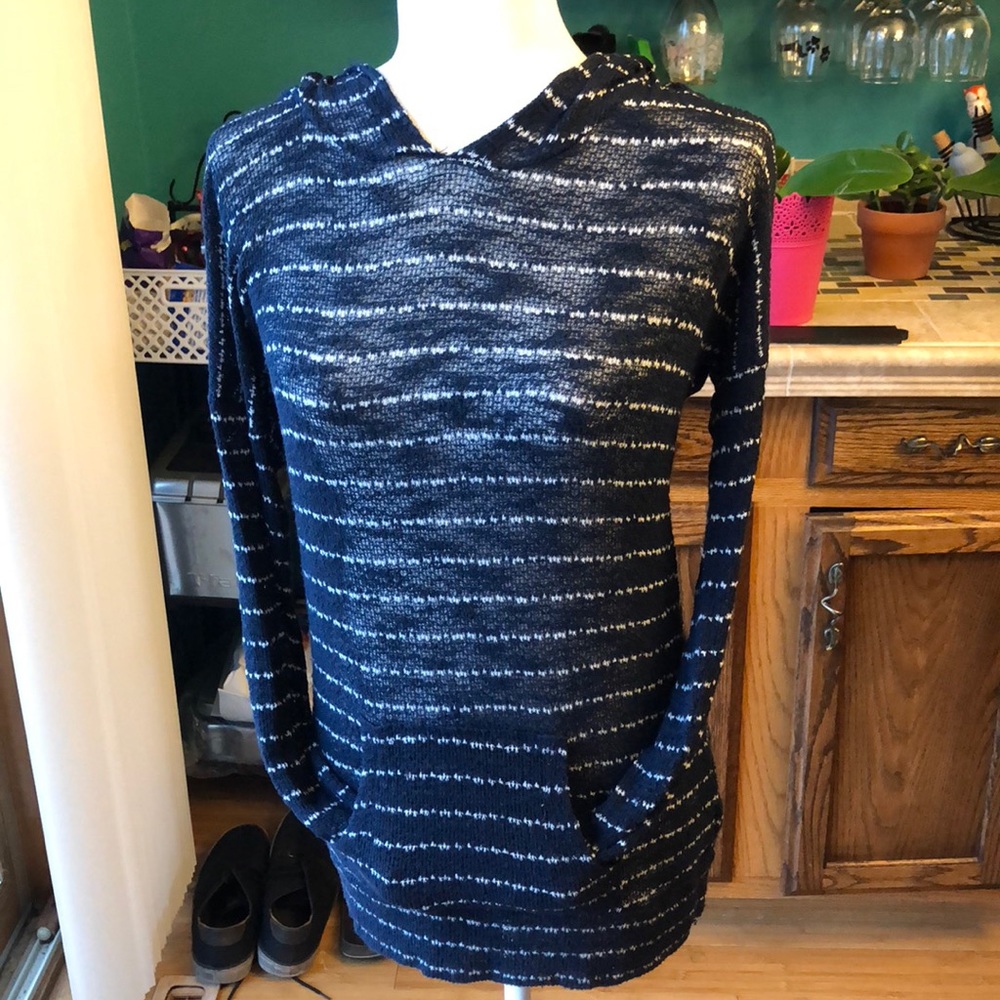 PINK ROSE navy and white striped knit top w/ hood